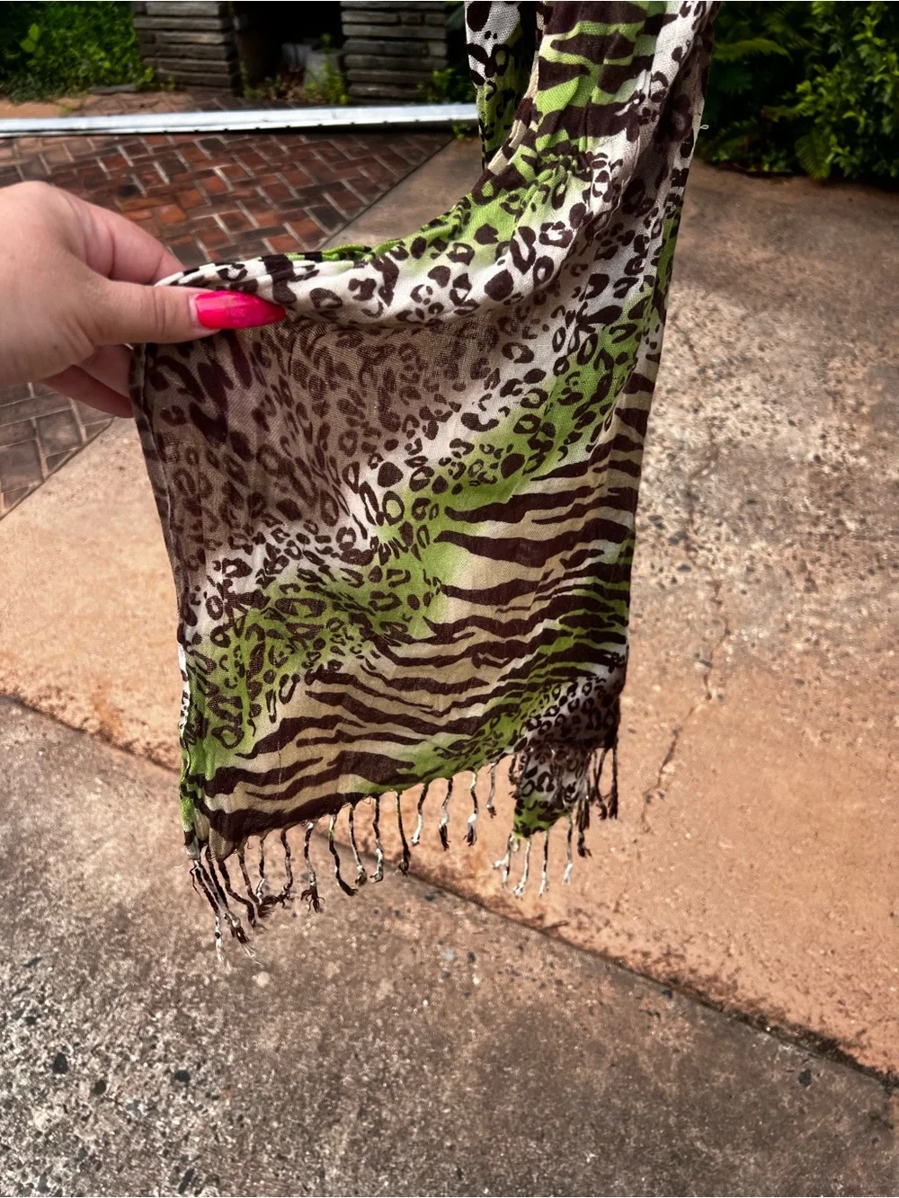 Animal Print Tassel Scarf - Brown & Green